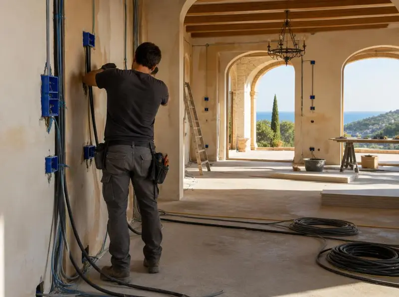 Electricista instalando el cableado eléctrico durante la reforma de una vivienda en Marbella
