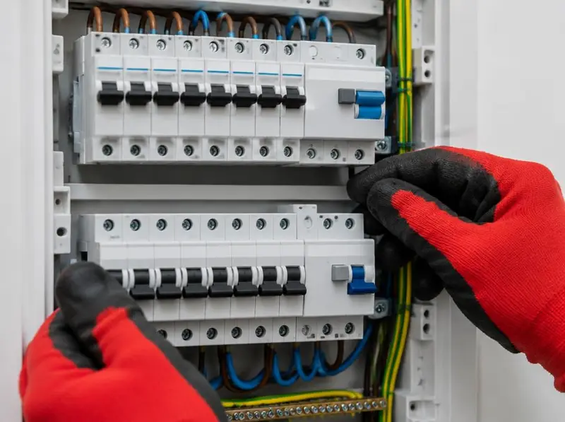 Electricista en Marbella revisando un cuadro eléctrico con diferenciales y magnetotérmicos