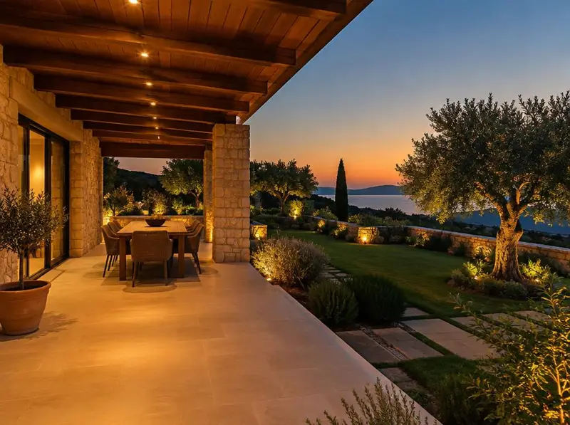 Iluminación LED exterior en la terraza y el jardín de una villa en Marbella