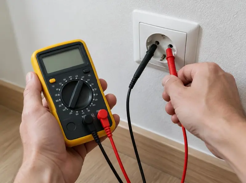 Electricista en Marbella comprobando un enchufe con un polímetro durante una avería